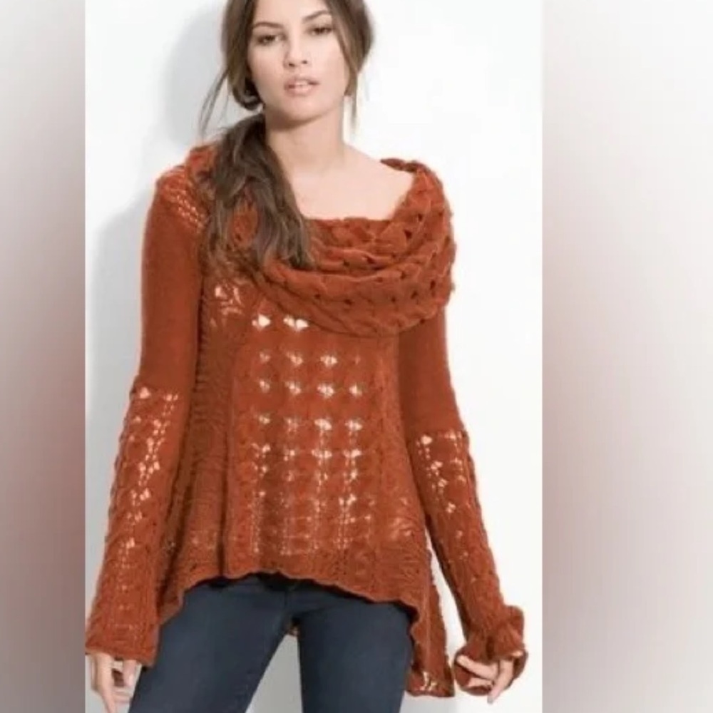 Free People Brown Cowl Neck Sweater with Cable Knit Design Size S